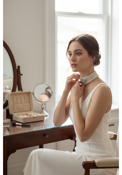 Zirkon Taşlı Choker Tasma Inci Kolye Beyaz
