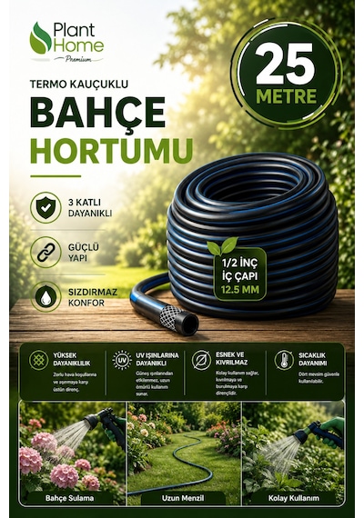 Termo Kauçuklu Bahçe Hortumu 25 Metre 3 Katlı Dayanıklı Su Sulama Ve Araç Yıkama Hortumu Diğer