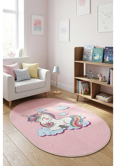 Frenda Home Unıcorn Pamuk Taban Dekoratif Baskılı Çocuk Odası Oval Halı Pembe