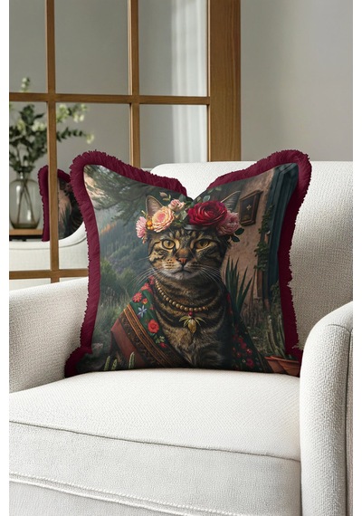 Bohem Lüks Çiçekli Saçaklı Yastık Kılıfı - Sanatsal Kedi Vintage Bordo Püsküllü Kırlent Kılıfı Tozlu Toprak Siyah Bohem Lüks Çiçekli Saçaklı Yastık Kılıfı - Sanatsal Kedi Vintage Bordo Püsküllü Kırlent Kılıfı Tozlu Toprak Siyah