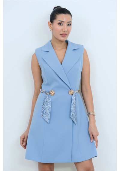 Dorne Moda Bağlama Detaylı Mini Elbise- Düğün - Mezuniyet - Ofis Şıklığı Mavi Mavi