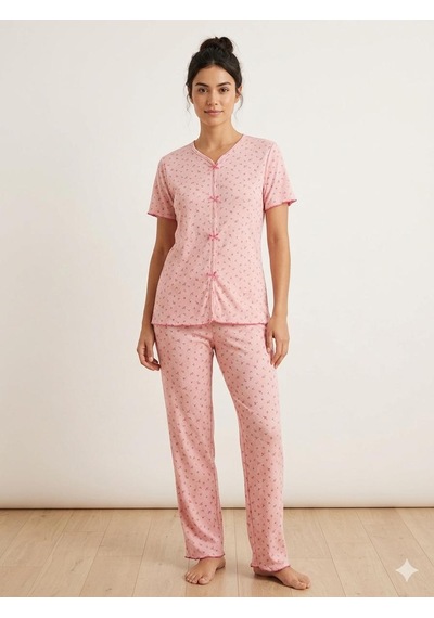 Sleeproom Yazlık Pembe Çiçek Desenli Kısa Kol Penye %100 Pamuk Pijama Takım Pembe Fuşya Çıtır Çiçek