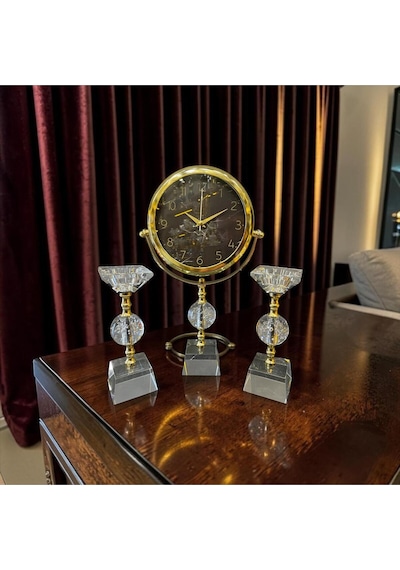 Crystal Gold Dekoratif Masa Saati Seti Lüks Cam & Metal Modern Salon Ve Ofis Aksesuarı Altın