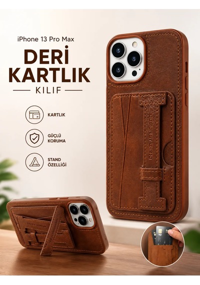 İphone 13 Pro Max Uyumlu Deri Kartlıklı Standlı Kılıf Kahverengi