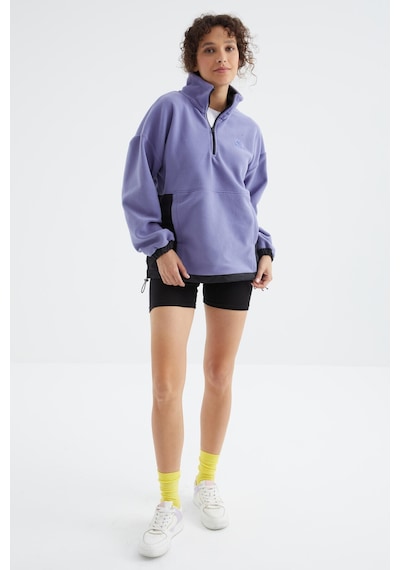 Tommy Life Açık Eflatun Yarım Fermuar Etek Ucu Büzgülü Dik Yaka Oversize Kadın Polar Sweatshirt - 97236 Eflatun