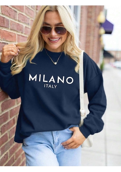Uyguntarz Milano Baskılı Oversize Sweatshirt Lacivert