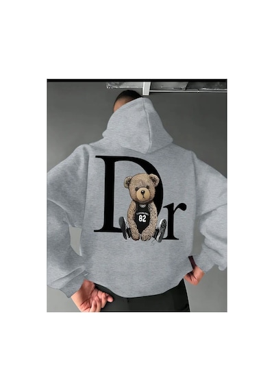 Herkesemoda Arka Ayı Baskı Detaylı İçi Polarlı Kapüşonlu Sweatshirt Gri