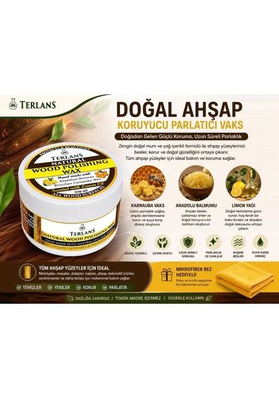 Terlans Doğal Ahşap Koruyucu Parlatıcı Vaks 250 Ml Üstün Koruma + Mikrofiber Bez / Ahşap Mobilya Parlatıcı Ve