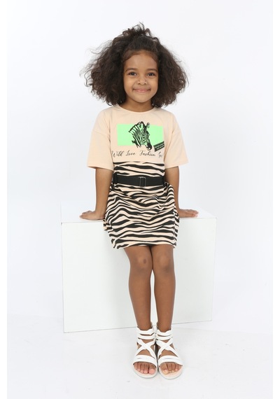 Toontoy Kız Çocuk Zebra Baskılı Elbise Bej