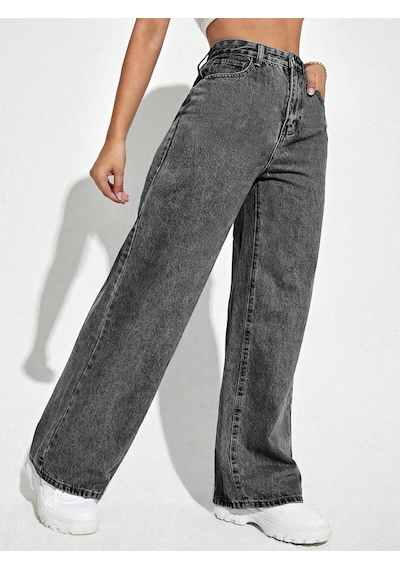 Palazzo Pantolon Füme Yüksek Bel Geniş Paça Bol Kesim Premium Jeans Gri