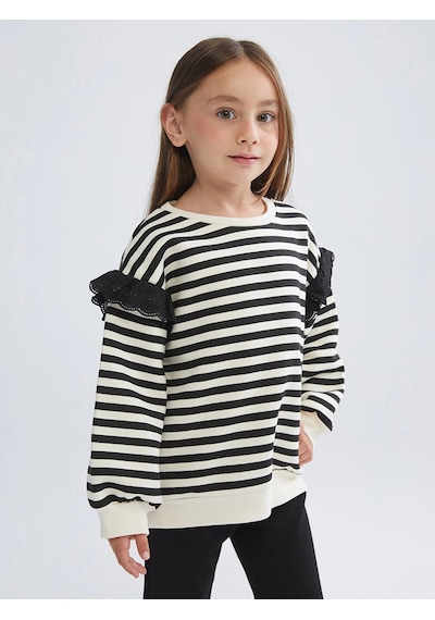 LC Waikiki Lcw Kids Siyah Bisiklet Yaka Çizgili Kız Çocuk Sweatshirt Black Strıped