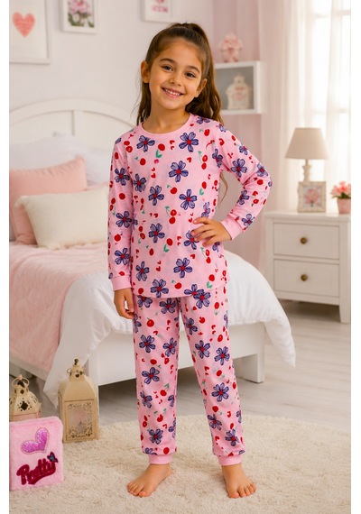 Durukoza %100 Pamuk Kız Çocuk Pijama Takımı Çiçekli 4 Mevsim Pembe