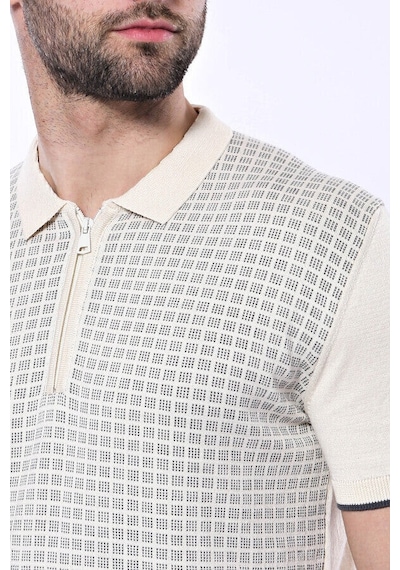 Yake Store Polo Yaka Krem Desenli Fermuarlı Örme T-shirt Wessi - Krem Beyaz