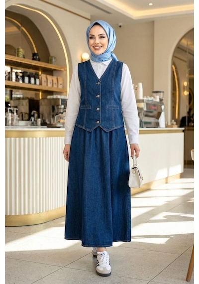 Hb Harma Time Butik Kadın Düğmeli Ve Cepli Kot Lacivert Tunik Etek İkili Takım