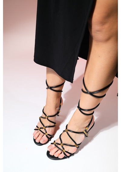 Luvishoes Open Siyah Cilt Kadın Bilekten Bağlamalı Yüksek Topuklu Ayakkabı Sıyah Cılt