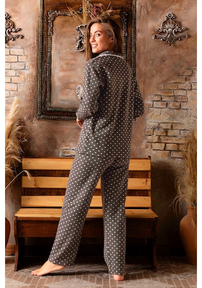 Nisanca Kadın Kışlık Welsoft Peluş Polar Düğmeli Pijama Takımı Füme