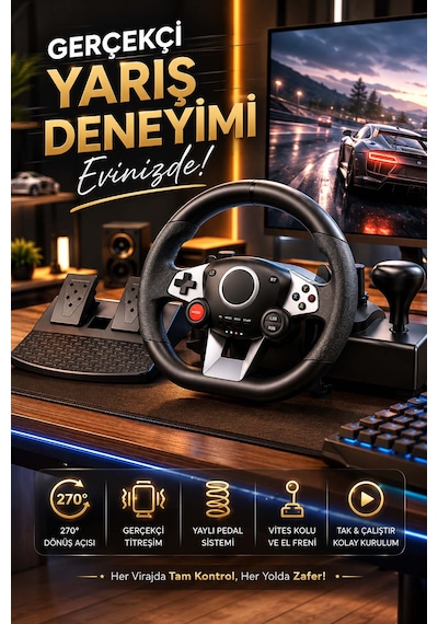 270 Titreşimli Yarış Direksiyon Seti Pedal, Vites Kolu Ve El Frenli Sürüş Simülatörü