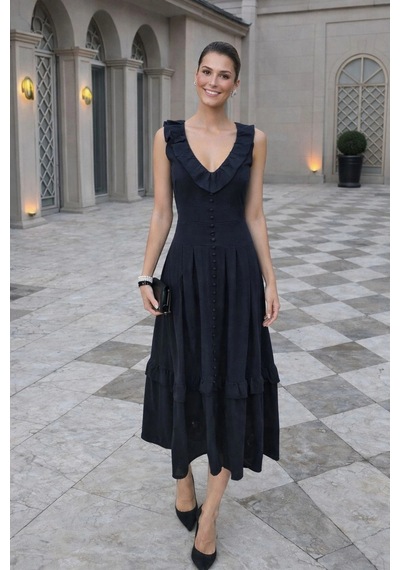 Asprinfashion V Yaka Önü Süs Düğmeli Keten Elbise Siyah