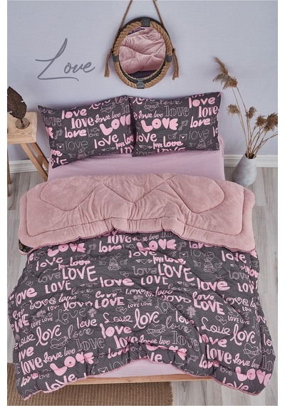 Love Pembe Desenli Çift Kişilik Çift Taraflı Wellsoft Yorgan Seti - Pembe - 195x215