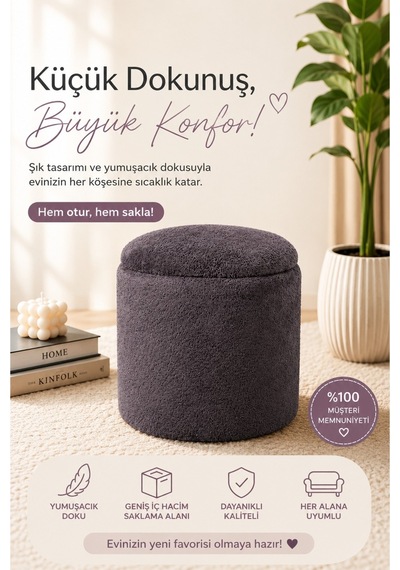 Pufly Peluş Çok Amaçlı Dekoratif Puf Koltuk Dekoratif Puf Kapaklı Silindir Antrasit Puf Gri