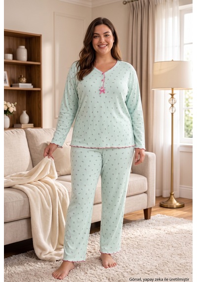 Seboteks Raporlu İnterlok Kumaş Yakası Düğmeli Kışlık Büyük Beden Kadın Pijama Takımı 2950 Yeşil