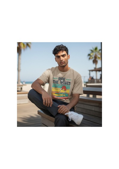 Urbantrendstore Unisex Kaliforniya Tatil Oversize Fit Rahat Geniş Salaş T-shirt Günlük Tişört Bej