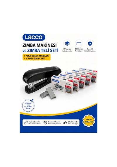 Lacco Zımba Makinesi Seti 24/6 Zımba Makinesi 5 Kutu Zımba Teli Toplam 5000 Adet Dayanıklı Metal Ofis Okul Ev Kullanımı