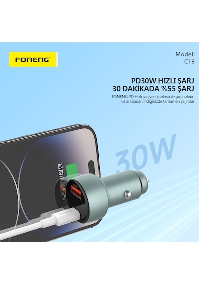 Foneng C18 48W 1xUsb 1xType-C Giriş Dijital Göstergeli Araç içi Çakmaklık Şarj Aleti