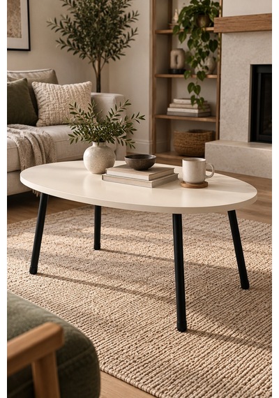 Sulorahome Metal Ayaklı Oval Orta Sehpa Krem