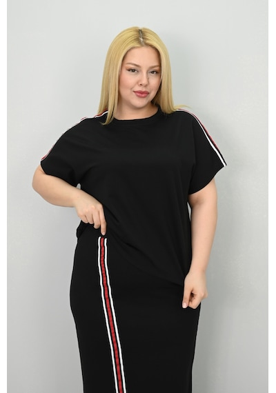 Koza Butik Kadın Büyük Beden Kısa Kollu Şeritli Etek Takım 8204-25 Siyah