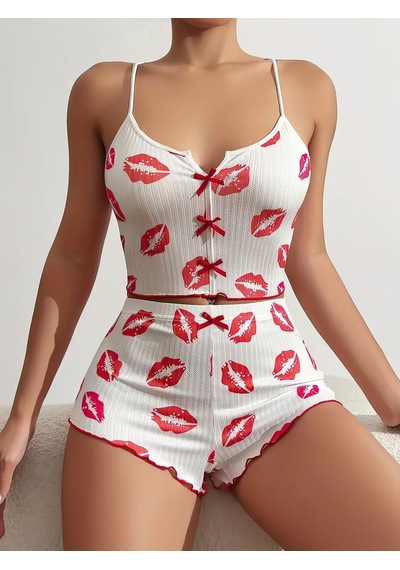 İkikareshop Dudak Desenli Şortlu Pijama Takımı Çok Renkli