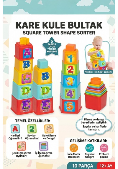 Kare Kule Bultak 10 Parça 12+ Ay Eğitici İç İçe Geçen Kaplar Şekil Eşleştirme Oyunu