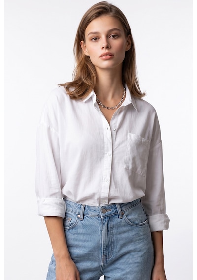 Mixray 4963 Kadın Tencel Kumaş Oversize Cepli Uzun Kollu Gömlek Beyaz