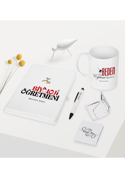 Kişiye Özel Biyoloji Öğretmeni Temalı Beyaz Defter Kalem Kupa Ayn Beyaz