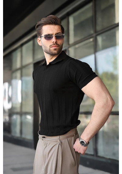 Madmext Siyah Slim Fit Polo Yaka Triko Erkek Tişört E7491
