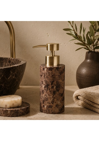The Voguemaxima Mermer Görünümlü Sıvı Sabunluk Kahverengi Gold Pompalı 7x19 Cm