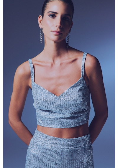 Sateen Kalın Askılı Payet Crop - Gri-135342 Gri