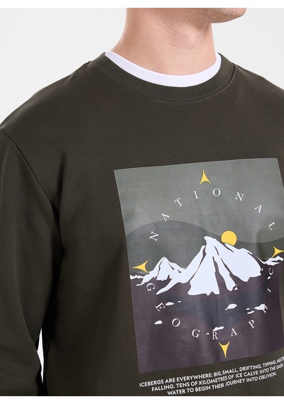 National Geographic N6wm-swt4339 Haki Kapüşonlu Relaxed Baskılı Erkek Sweatshirt