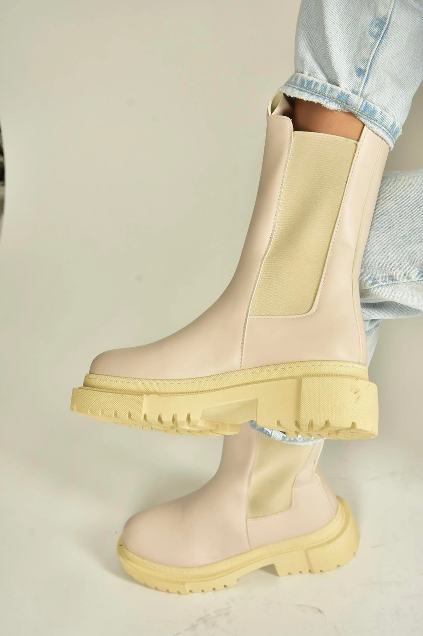 Fox Shoes V652649009 Bej Lastik Detaylı Kalın Tabanlı Kadın Bot Bej-suni Deri
