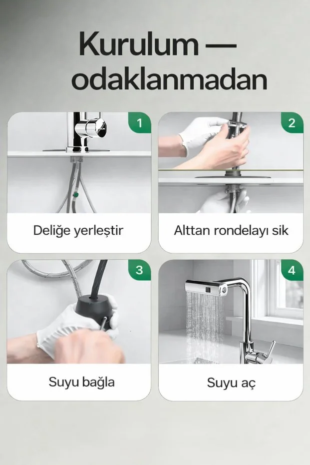 Mutfak Bataryası 3 Fonksiyonlu 360 Döner Uzatmalı Musluk Paslanmaz Çelik Çekmeli Duş Başlıklı Siyah