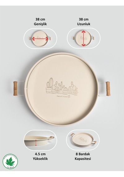 Lin Metal 37cm Yuvarlak Tepsi Ahşap Kulplu Kaktüs Baskılı - Krem