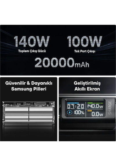 Sharge 140W - Yüksek Güçlü ve Şeffaf Tasarımlı Powerbank - Siyah