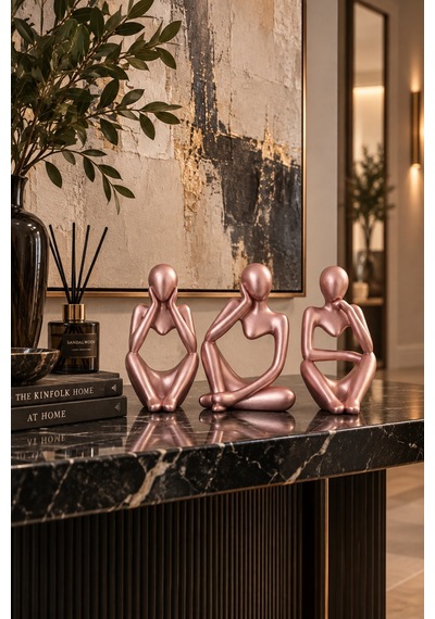 Ev & Ofis Dekoru Rose Gold 3 Lü İnsan Figürü Seti El Yapımı Minimalist Heykel Takımı
