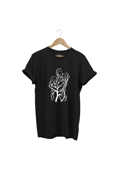 14 Şubat Sevgililer Günü Sarılan Çift Baskılı %100 Pamuk Regular Fit Bisiklet Yaka Siyah T-shirt Siyah