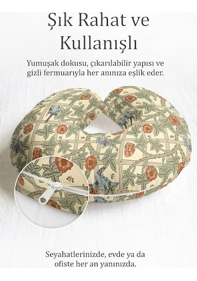 Vintage Çiçekli Kuşlu Ergonomik Boyun Yastığı - Doğal Krem Turuncu Yumuşak Seyahat Yastığı Çok Renkli