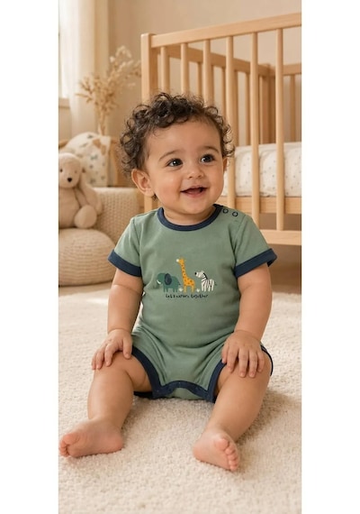 Ferasty İstanbul Unisex Bebek Tulum Hayvan Desenli Çıtçıtlı Yeşil
