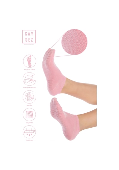 Saysez Bambu Kadın Kaydırmaz Taban Pembe Silikon Baskı Pilates Yoga Fitness Dans Aktivite Patik Çorabı Renkli