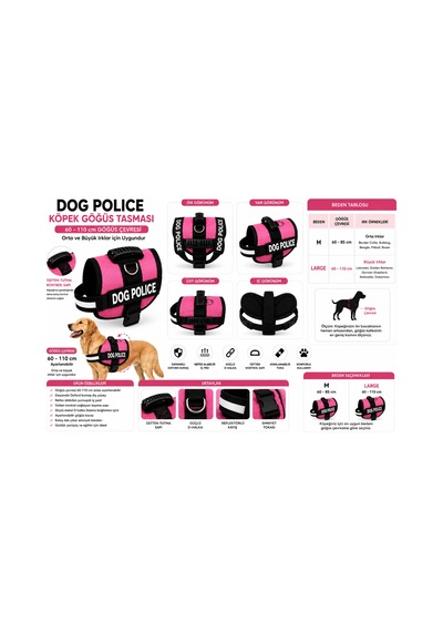 Dog Police Ayarlanabilir Köpek Göğüs Tasması Pembe - Siyah 60-110 Cm Çok Renkli