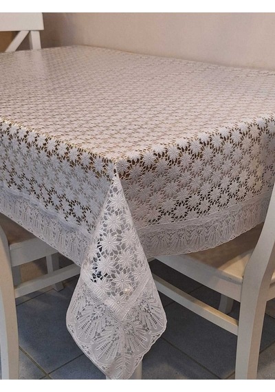 Dantel Kenarlı 120x150 Cm Pvc Muşamba Silinebilir Papatya Desenli Masa Örtüsü Beyaz