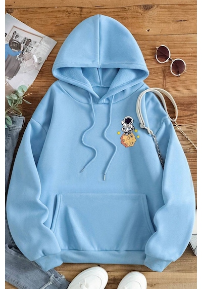 Uyguntarz The Galaxy Baskılı Oversize Sweatshirt Bebe Mavisi